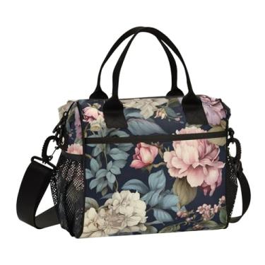 Imagem de Lancheira floral em azul escuro isolada para adultos, pequenas bolsas térmicas isoladas, lancheira para mulheres, P