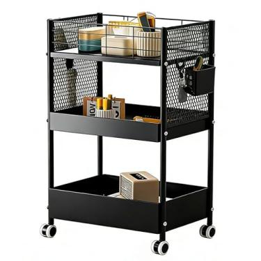 Imagem de Carrinho de armazenamento com rodinhas de 3 camadas, carrinho utilitário de metal com rodas, organizador de escritório com copos suspensos, ganchos, estantes móveis para escritório, cozinha, berçário