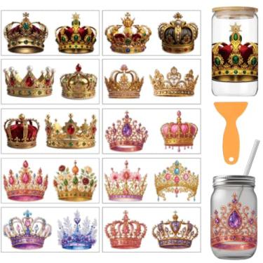 Imagem de arricraft 10 adesivos de transferência de copo de PVC com tema de coroa, colorido e sonhador, padrão de coroas UV à prova d'água, adesivo para copos de 473 ml, janela, decoração de impressão de casa