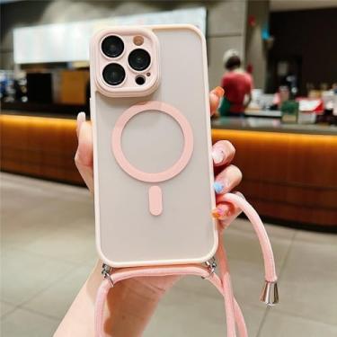 Imagem de Capa magnética com cordão e cordão para iPhone 16, 15, 11, 12, 13, 14 Pro Max, fosca e transparente, rosa, para iPhone 16 Plus