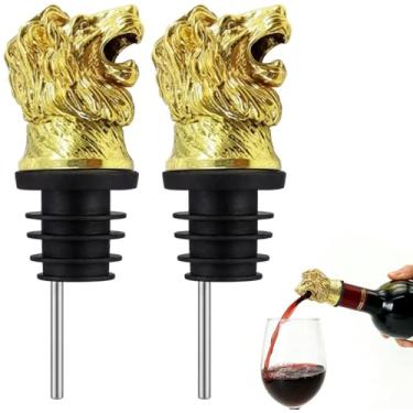 Imagem de Bicos de vinho de leão cabeça de animal derramador de vinho dourado Menagerie arejador de vinho garrafa de uísque para bico conjunto de 2