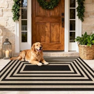 Imagem de JROSING Tapete de juta fácil listrado lavável 7,5 x 12,5 cm, preto, externo, pátio, moderno, geométrico, neutro, tapete fino, antiderrapante para sala de estar, quarto, entrada, porta da frente, casa
