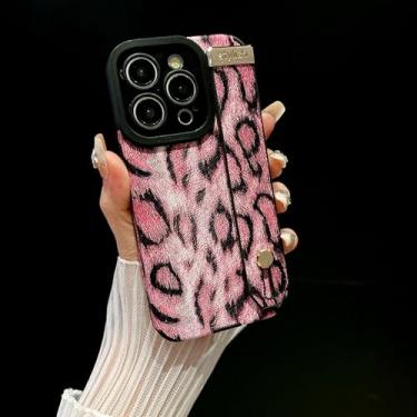 Imagem de IRTGFG Para iPhone 16, suporte de pulseira com estampa de leopardo, capa de couro com amortecedor e suporte de silicone macio (para iPhone 16/rosa)