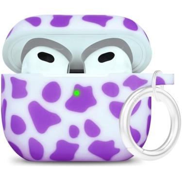 Imagem de Capa de silicone vaca Airpods 3 2021, capa YOMPLOW para Apple Airpods 3ª geração estampa floral capa flexível macia para Air Pod 3 mulheres meninas, pele com chaveiro - vaca roxa