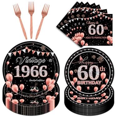 Imagem de refavor Decorações de aniversário de 60 anos, 96 peças, pratos de festa de 60 anos, garfos, guardanapos, suprimentos, papel de festa, ouro rosa, utensílios de mesa vintage, decoração feminina