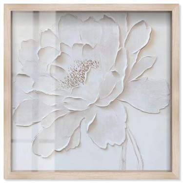 Imagem de White Peony in Relief Shadowbox Print Floral Wall Art por Art Remedy, moldura loira, 33 x 33