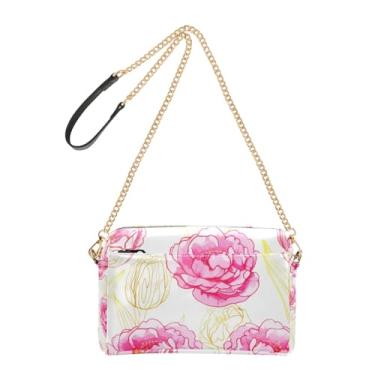 Imagem de Joitme Bolsa tiracolo feminina tulipas amarelas flores peônia rosa bolsa para celular bolsa de couro PU bolsa de ombro alça de corrente