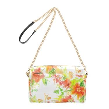Imagem de Joitme Bolsa tiracolo feminina flores laranja amarelo verde branco bolsa de couro PU bolsa de ombro com alça de corrente