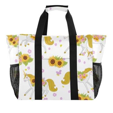 Imagem de Joitme Unicórnios extravagantes girassóis bolsas de praia femininas modernas dobráveis grandes compras reutilizáveis supermercado bolsa de pano para férias todos os dias boho piscina sacola mãe