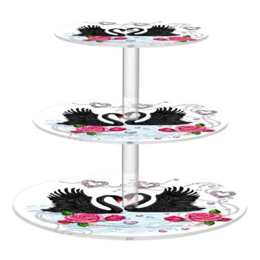 Imagem de Valentine Swans Roses Hearts Suporte de cupcake de 3 níveis para copo de festa, torre de bolo, exibição de acrílico, decoração de festa de chá, bandeja de servir, suporte de comida de mesa, formatura