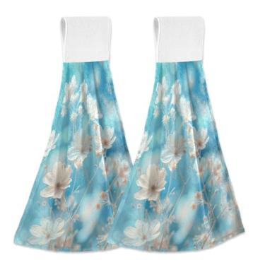 Imagem de Joitme Toalhas de mão brancas azuis penduradas com laço, pacote com 2, panos de prato de lã coral macios absorventes para cozinha com fita mágica para forno, essenciais decorativos para casa moderna