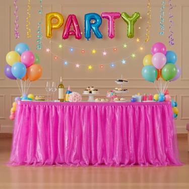 Imagem de Saia de mesa de tule rosa choque retangular, saias de mesa de 1,8 m, para professores, sala de aula, dormitório, cortina, tecido, babados, tutu, saias de mesa, lantejoulas, glitter, chá de bebê