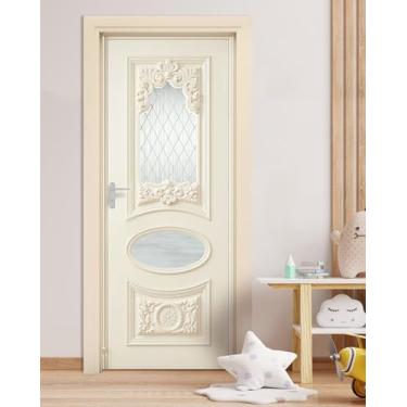 Imagem de FLFK Adesivo decorativo para mural de porta, estilo vitoriano com painéis de vidro, adesivo autoadesivo, 77 x 199 cm, branco creme, dividido em 2 peças