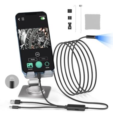 Imagem de Câmera endoscópica, endoscópio com luz de 5 metros, câmera endoscópica para iPhone 1920P HD com 8 luzes LED ajustáveis, endoscópio de 8 mm, IP67 à prova d'água, câmera de inspeção para iOS e Android