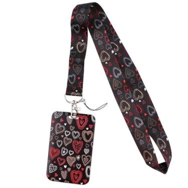 Imagem de Porta-crachá de identificação de coração preto com cordão, carretel retrátil com cordões ajustáveis para mulheres, crianças, professores, enfermeiros, estudantes