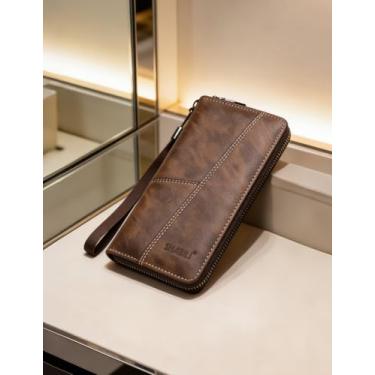 Imagem de Carteira longa masculina com bloqueio de RFID, carteira de couro com zíper único com vários compartimentos para cartão e alta capacidade, organizador seguro para todos os seus itens essenciais (Cáqui