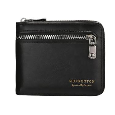 Imagem de Carteira masculina ultrafina de microfibra com zíper curto e preto para negócios, design de zíper curto preto com estampa listrada de microfibra e estrutura ultrafina e fina