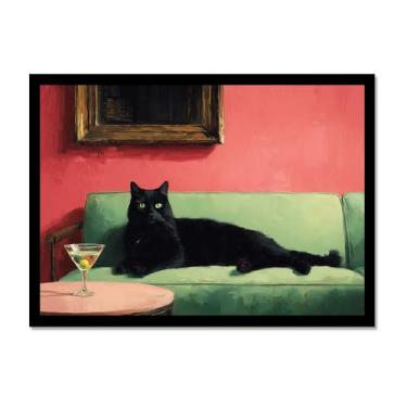 Imagem de Gato preto com estampa de arte de Martini fofo gato peculiar coquetel bar decoração moderna casa cozinha arte de parede pintura em tela pôster estética (SKU1,40.6x61.0 cm = (40x60cm), moldura preta