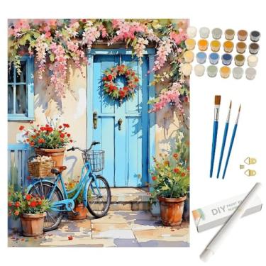 Imagem de Kit de pintura de bicicleta vintage por números para adultos – Bicicleta azul DIY com porta de grinalda e pintura de flores rosa enrolada em tela 40,6 x 50,8 cm, conjunto de tinta acrílica para