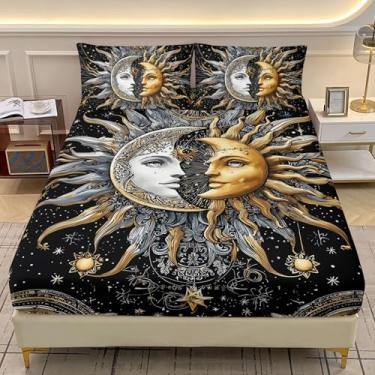 Imagem de AILONEN Jogo de lençol solteiro com elástico Sol e Lua, 3 peças, Boho Celestial, Sol Dourado e Lua Prateada, Galáxia, Lençóis Estrelados com 2 Fronhas