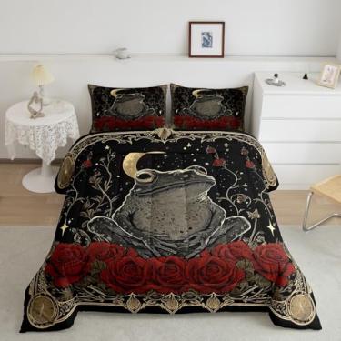 Imagem de Manfei Conjunto de edredom de sapo, tamanho king, 3 peças, animal místico, estilo gótico, lua, céu estrelado, preto, rosas vermelhas românticas, flores, animais exóticos, conjunto de colcha para