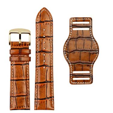 Imagem de BDNJN Pulseira masculina de couro genuíno de 20 mm e 22 mm com tapete, pulseira de couro artesanal (pino de ouro marrom, 22 mm)