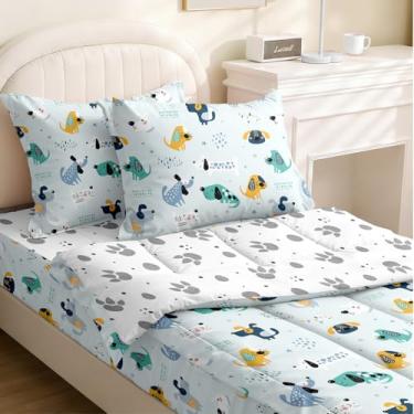 Imagem de Yadangxiawa Jogo de edredom infantil, solteiro, com estampa de cachorro, azul, com pata, lençol com elástico e fronhas para todas as estações (solteiro com cachorro azul)