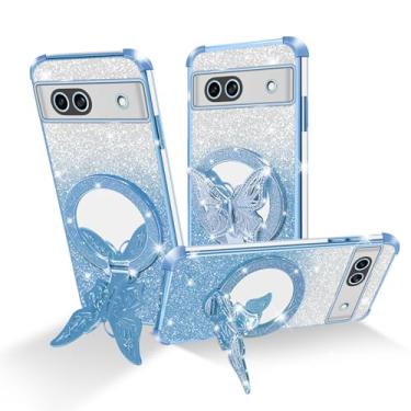 Imagem de Easyscen Capa para celular Google Pixel 8A (6,1 polegadas), com suporte de borboleta e 4 cantos de airbag, capa protetora à prova de choque de luxo com glitter para mulheres - azul