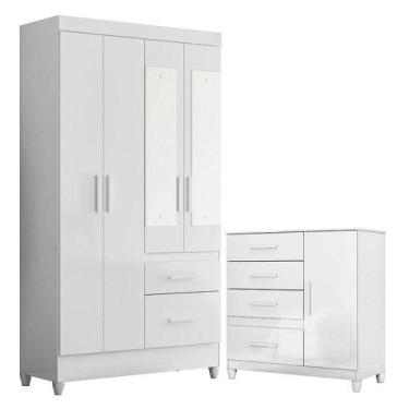 Imagem de Guarda Roupa Solteiro Madri Com Espelho E Cômoda Vênus Com Pés Branco 