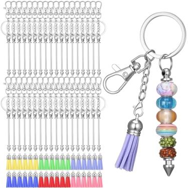 Imagem de mekueeex 72 peças de chaveiros com contas kit completo de fabricação com 36 barras de metal, 36 chaveiros e 36 borlas de camurça - o melhor material de artesanato DIY para presentes personalizados
