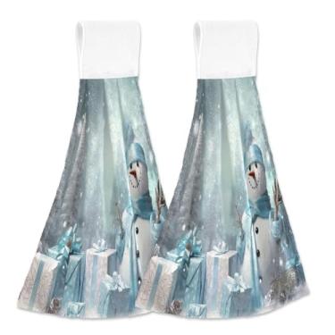 Imagem de Blueangle 2 peças de toalhas de gravata penduradas de boneco de neve de Natal toalha de mão de cozinha absorvente de veludo coral macio pano de pano para cozinha e banheiro (302)