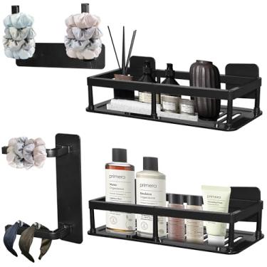 Imagem de W WINTMING 2 prateleiras flutuantes para banheiro sem perfuração, suporte de chuveiro de plástico à prova de ferrugem para chuveiro, banheiro, cozinha, quarto (2 peças + 2 ganchos nº 9)