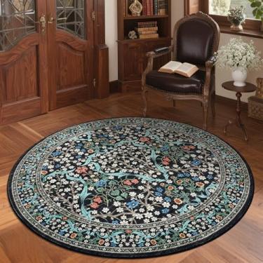 Imagem de GarveeHome Tapete redondo floral preto de 1,2 m lavável, antiderrapante, macio, pequeno, círculo, tapetes vintage para cozinha, quarto, berçário, sala de jantar, sala de estar