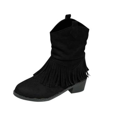 Imagem de Botas femininas casuais de cor sólida estilo ocidental borla plus size botas de salto outono inverno, Preto, 38