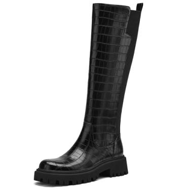 Imagem de TEAIEUI Botas femininas na altura do joelho, modernas, plataforma, sola saliente, botas de equitação, confortáveis e elásticas, botas longas, Padrão de pedra preta, 37