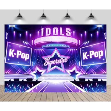 Imagem de chnywork 2,1 x 1,5 m K-pop cenário de palco ídolos superstar palco neon roxo azul tema luzes de palco dramatizar música show crianças decoração festa de aniversário adereços de cabine de fotos