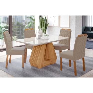 Imagem de Mesa Cozinha Ágata c/ Tampo Madeirado c/ Vidro 130x80cm + 4 Cadeiras Paola Wood Cinamomo/Off White - Carvalho/Suede Joli Capuccino-Cimol