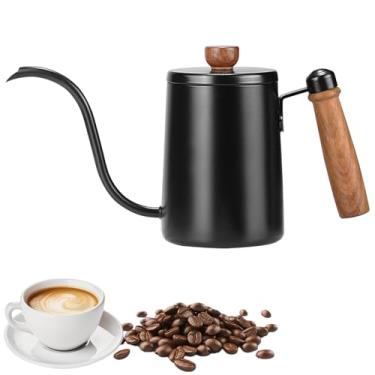 Imagem de Chaleira Mini Bico de Ganso com Cabo de Madeira, 600ml para 2 Xícaras, Bico Longo Estreito em Aço Inoxidável, Pequena Chaleira para Chá, Água, Café para Coar, Cafeteira de Gotejamento (Preto)