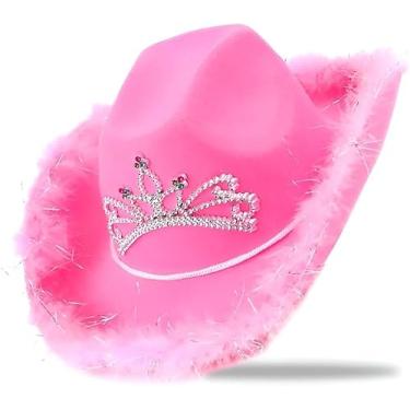 Imagem de Chapéu Cowboy Vaqueira com Plumas Country Tiara Festa Carnaval, cor Rosa/branco