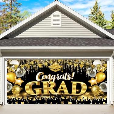 Imagem de Banner para porta de garagem de formatura 2,1 x 4,9 m Class Of 2025 Congrats Grad Backdrop Decorações preto e dourado Parabéns Graduate Background School Prom Party Backdrop Graduation Garage Door