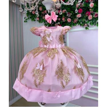 Imagem de Vestido Jardim Encantado Rosa Bebê com Dourado para Festa Infantil Mar