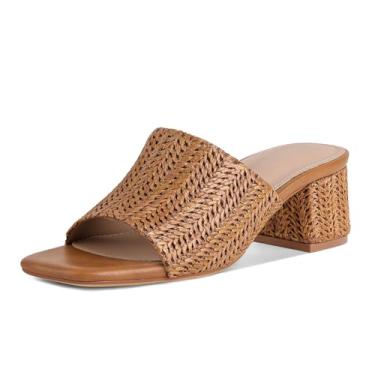 Imagem de MeiLuSi Sandálias femininas de salto ráfia com salto grosso, bico aberto, bico aberto, sapatos elegantes para férias de verão, sapatos elegantes de praia, sem cadarço, Marrom, 36