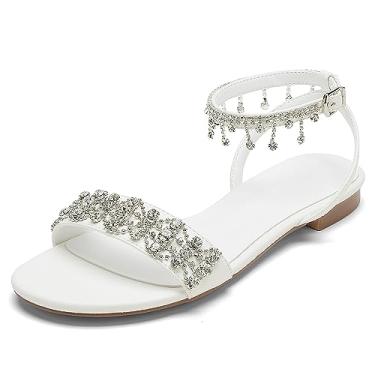 Imagem de Hyinlays Sandálias femininas casuais elegantes de casamento para noivas, sapatos confortáveis de verão, strass, bico aberto, sandálias rasteiras para casamento no verão, Marfim, 42