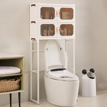 Imagem de Armário de armazenamento sobre o vaso sanitário, rack de banheiro independente com portas duplas, ideal para organização de banheiro e lavanderia, design que economiza espaço para armazenamento