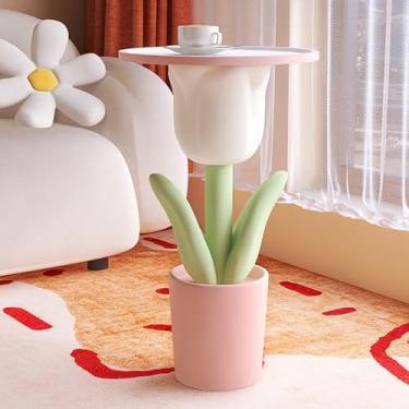 Imagem de Mesa de canto em forma de tulipa de resina com bandeja de armazenamento - Mesa lateral de flores pequenas para sala de estar, varanda, quarto e móveis - Mesa moderna de decoração de sofá (30 x 50 cm