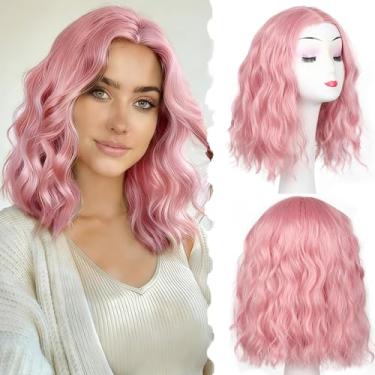 Imagem de Peruca rosa claro para mulheres, pré-cortada, amarrada à mão, perucas curtas para mulheres, ondulado, natural, parte do meio, perucas de substituição de cabelo para iniciantes 35,5 cm, shorts rosa