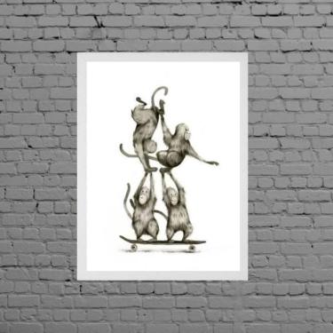 Imagem de Quadro Macaquinhos No Skate 45X34Cm Com Vidro Moldura Branca
