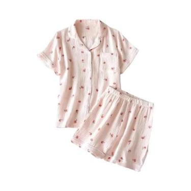 Imagem de Conjunto De Pijamas De Algodão Para Mulheres, Verão, Manga Curta, Cort