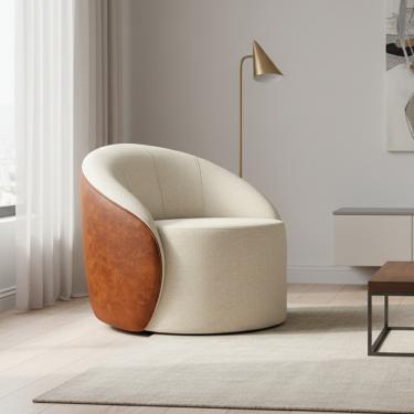 Imagem de Poltrona Sala Orgânica Lua Fixa Sintético PU Nozes/Linho Bege D03 - D'Rossi