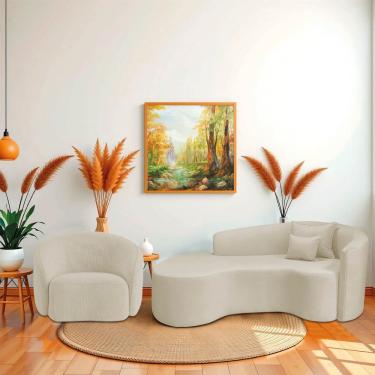 Imagem de Kit Recamier Curvo Sala De Estar Inglaterra 200cm Lado Esquerdo Poltrona Orgânica Luxo Amore Bouclé Bege
